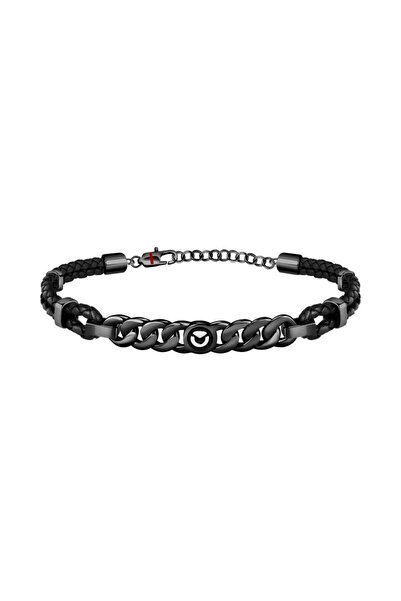 Sector Bandy bracelet, stainless steel and black Leather , length 22cm, adjus...