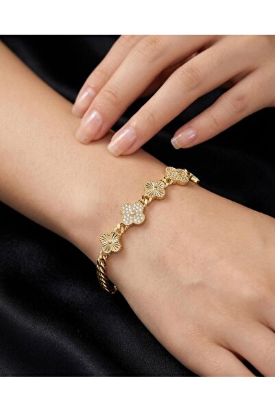 Melisa Takı & Aksesuar 14K Gold Renk Xuping Zirkon Taşlı Yonca Bileklik 20cm
