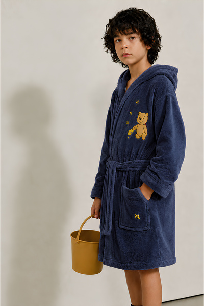 İQON Children's Hooded Bathrobe 100% Cotton – Honey Bear Navy Blue (6 – 7 Yea...
