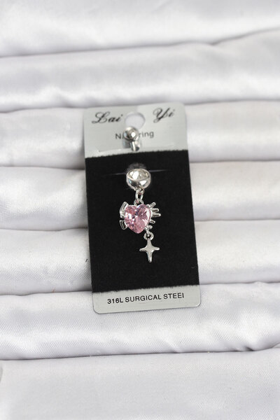 Epilons 316L Cerrahi Çelik Pembe Zirkon Taşlı Model Göbek Piercing