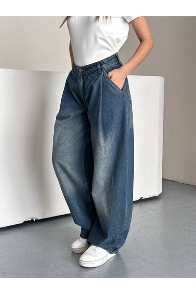 ZDN JEANS Kadın Koyu Mavi Geniş Paça Jean Pantolon