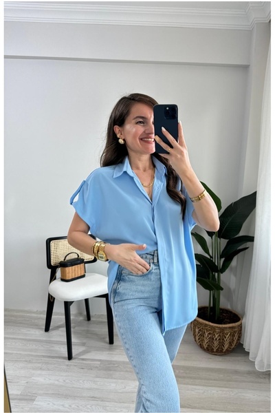 DISHI FASHİON Short Sleeve Cotton Satin Shirt