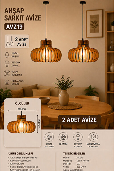 avizon Doğal Ahşap Sarkıt Avize 2’li Set AVZ19 E27 Uyumlu Modern Dekoratif Avize