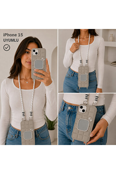 Nettech iPhone 15 Uyumlu Aynalı Taşlı Boyun Askılı Silikon Kılıf