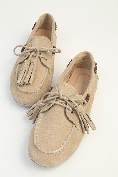 Pierre Cardin Μπεζ σουέντ γυναικεία παπούτσια loafer με λεπτομέρειες από χάντ...