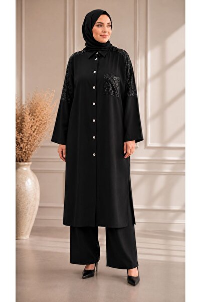 nurvina modest wear Modal Cupra Sequin Detailed Premium Trousers Tunic Set