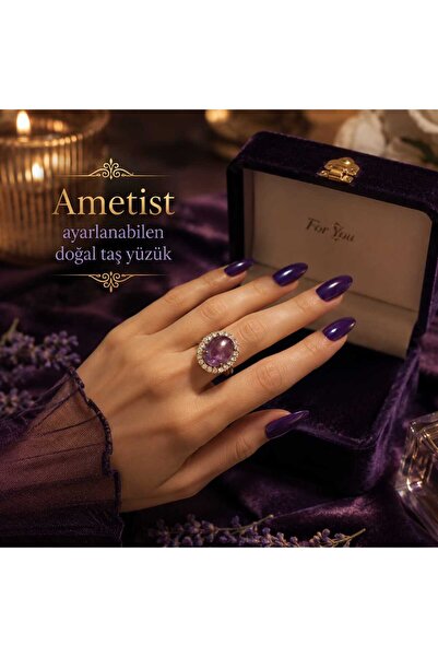 best bioenerji taş terapi Amethyst Natural Stone Ring Adjustable Silver Color...