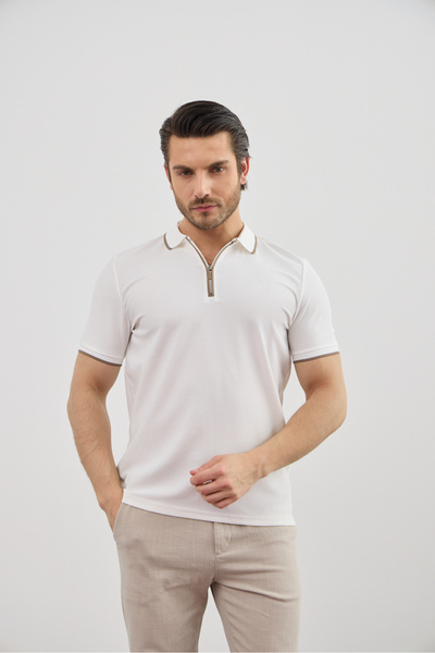 RAVANELLI Tricou pentru bărbați cu guler polo, cu fermoar și detaliu cu dungi...