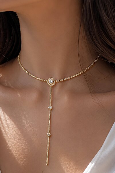 TAKIŞTIR Altın Renk Taş Detaylı 14K Altın Kaplama Vip Choker Kolye