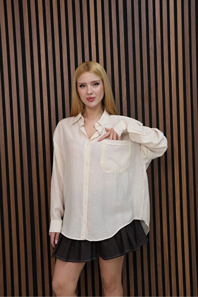 DONNA LISSA Kadın Oversize Cep Detaylı Siena Kumaş Gömlek
