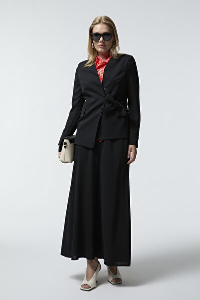 Zühre Double-Breasted Collar Belted Embroidered Black Suit 1538