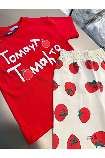La ciel Paris Kız Çocuk Pamuklu Kırmızı Domates Baskılı T-shirt Eşofman Takım