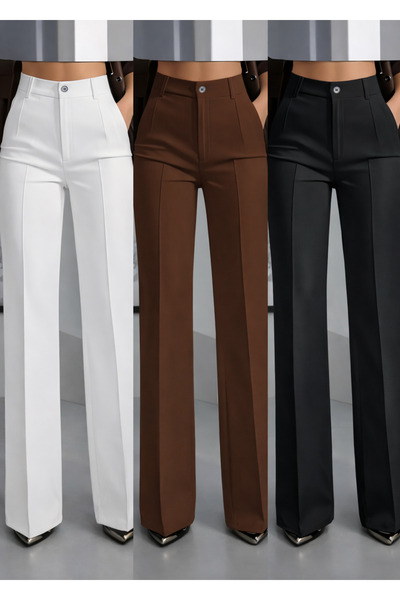 Hera Moda Women's Black Brown White 3' High Waist Loose Cut Pants