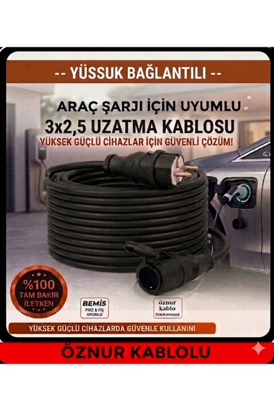 Öznur kablolu Evde Araç Şarjı Uyumlu 15 Metre (3x2.5 mm Ttr Tam Bakır) (3.5kw - 16AMPER) BEMİS KAUÇUK FİŞLİ Uzatma Seyyar