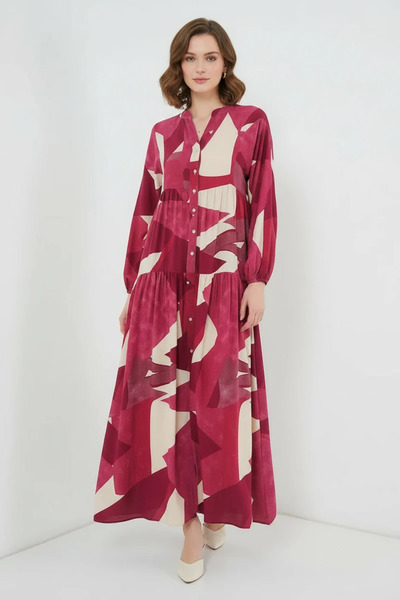 buğrahayalin Women's High Collar Gathered Waist Patterned Viscose Burgundy Hi...
