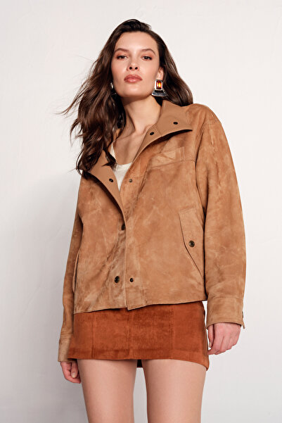 Derimod Sandiego Women's Camel Oversize Suede Leather Jacket 26Sgd565810