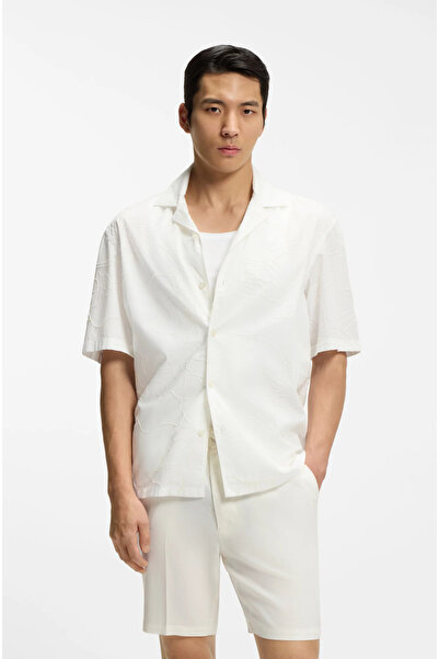 BOSS Men's Floral Embroidered Cotton Comfortable Fit Short Sleeve White Shirt