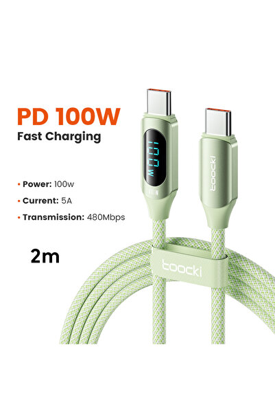Choice كابل توكي أخضر بطول 2 متر، USB-C إلى Type-C، 100 واط، مع شاشة رقمية لل...