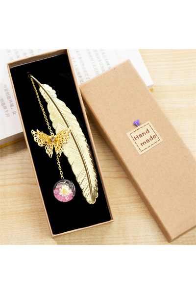 choice2 Golden pink 1Pcs Metal Feather Bookmark with Dried Flower Butterfly B...