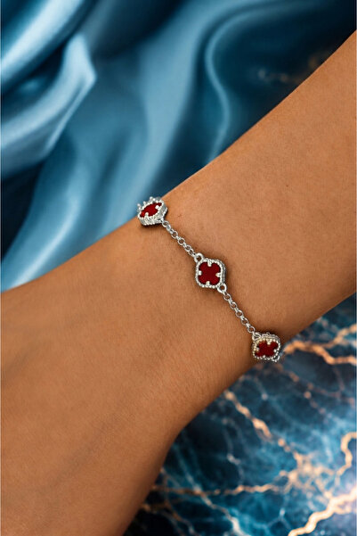 Silveranka 925 Ayar Gümüş Bordo Taşlı Yonca Bileklik