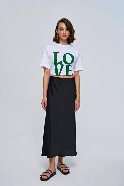 UTDU Flat Satin Skirt with Elastic Waist and Hidden Zipper on the Side