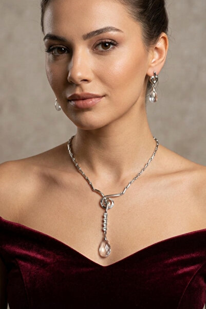 PETEK AKSESUAR Silver Metal Crystal Drop Stone Necklace Earring Set