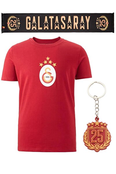 Galatasaray تي شيرت أحمر أصلي مع وشاح أسود 5 نجوم وسلسلة مفاتيح كهدية