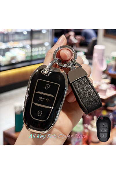 Choice12 غطاء مفتاح أسود مع سلسلة مفاتيح لسيارات بيجو 2008، 3008، 4008، 5008،...