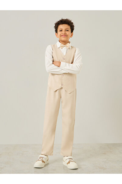 Amirah By Styli Boys Beige Waistcoat with Pants and Shirt with Bow Set