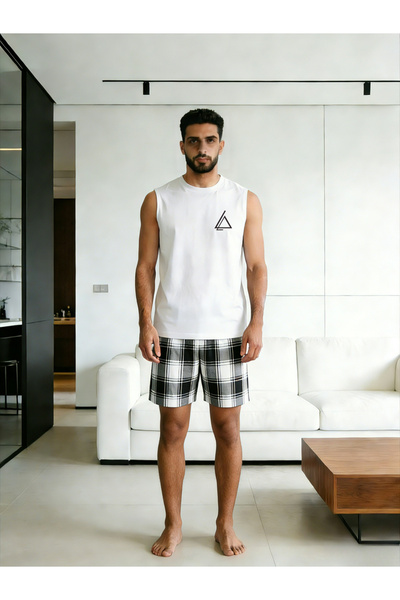 Take Two By Styli Men Printed Round Neck Tank and Checked Shorts Set