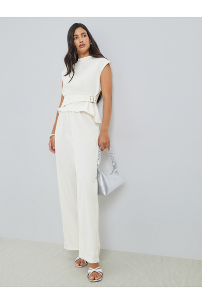 Styli Beige Asymmetric Hem Top and Wide Leg Pants Co-Ords