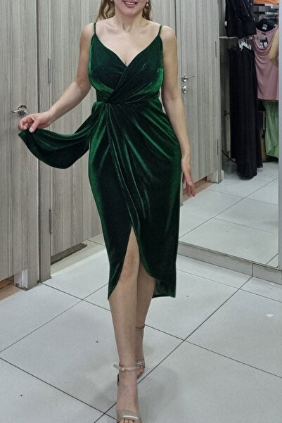 Maya Butik Zümrüt İnce Askılı Işıltılı Anvelop Abiye Elbise