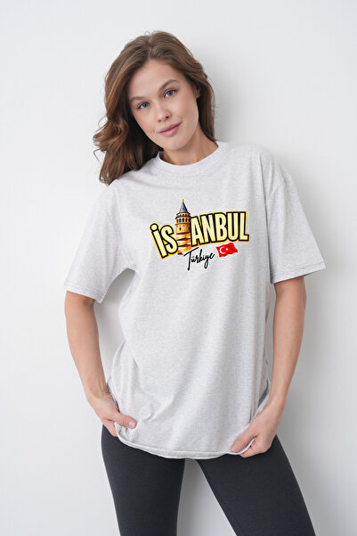 TREND EMMODA Tricou gri pentru femei, cu decolteu rotund, cu imprimeu Turnul ...