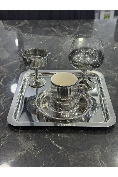 isra kristal Zenya Silver Coffee Presentation Set with Tray, Coffee Cup, Turk...