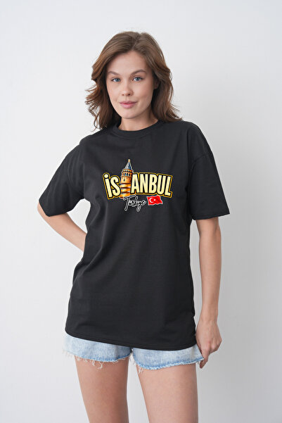TREND EMMODA Tricou negru pentru femei, cu decolteu rotund, cu imprimeu Turnu...
