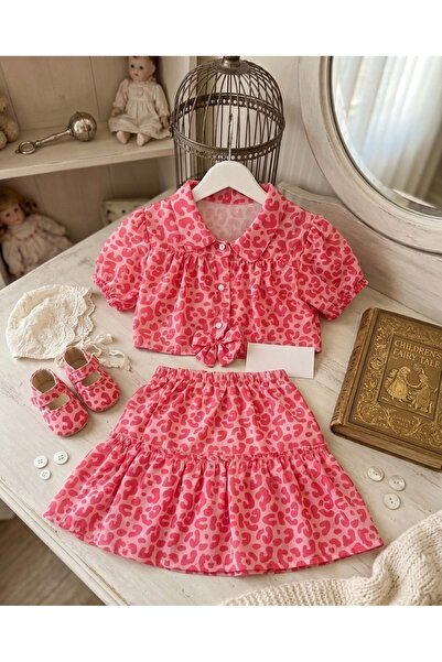 RÜYA KİDS Girl's Summer Festive Leopard Pattern Skirt Crop 2-Piece Top and Bo...