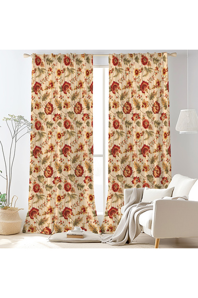 Hanna Home Krem Kahverengi Floral Desenli Kadife Görünümlü Salon Fon Perde