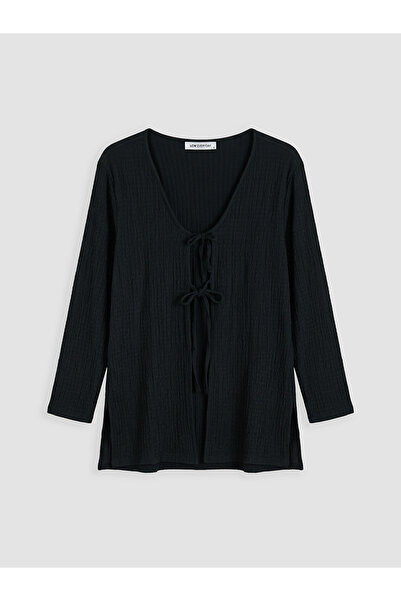 LC Waikiki Nevavm Textured Women's Cardigan with V-Neck and Tie, with a Diffe...
