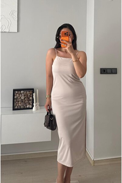 Yaren Aydın Kadın Bej İnce Askılı Elbise
