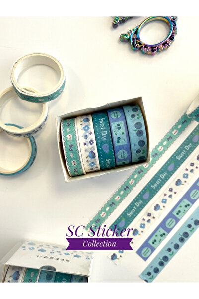 SC Sticker Collection Blue Sweet Yaban Mersini ve Çiçek Desenli 5’li Washi Ba...
