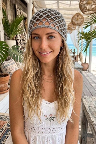 Mine Tan Butik Handmade fishnet knit beanie hat bandana - grey