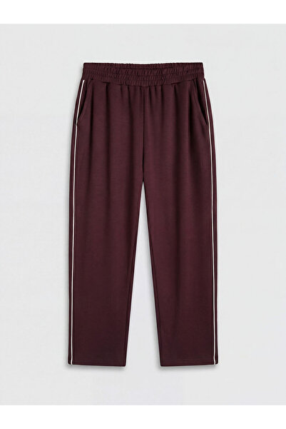 LC Waikiki Burgundy Women's Striped Sweatpants with Elastic Waistband