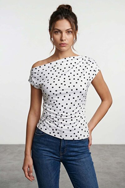 Fulla Moda Polka Dot Boat Neck Draped Blouse