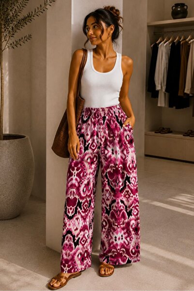 bb butik basic Patterned Wide-Leg Viscose Trousers Casual Stylish Women's Tro...