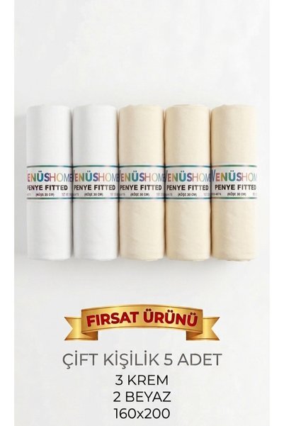 Çarşafcim Elastic Bed Sheet 100% Combed Cotton and Cotton Double Bed Sheet Advantage Package 5-Piece White and Cream