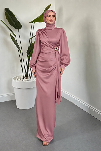 Aysan Moda Broş Detaylı Yandan Tokalı Saten Mezuniyet Davet Abiye Elbise