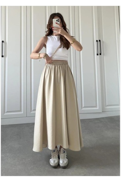 QUAWEAR Voile Woven Tencel Fabric Skirt with Elastic Waist and Side Pockets