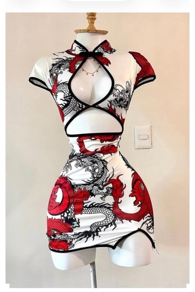Köstebek White Dragon Motif Qipao Dress with Degaje Detail and Stripes