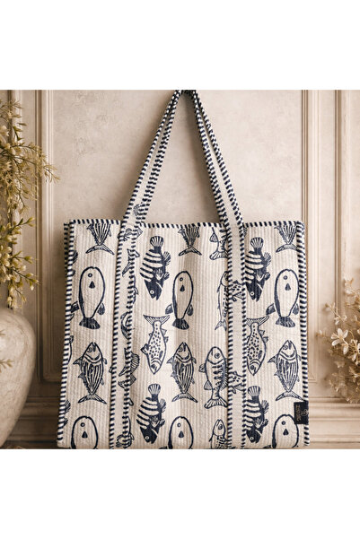 Tohfa Luxe Fish Tote Bag – Hand Block-Printed Cotton Handbag