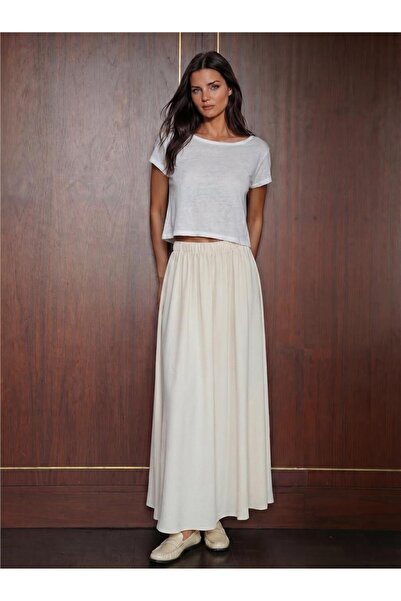 WeShaya Cream Ayrobin Flexible Textured Elastic Waist Draped Long Skirt, 92 c...